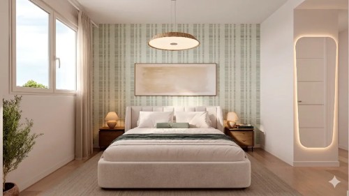 Dormitorio principal tipo suite en Insur Elyonia. Estancia de diseño sereno con papel pintado geométrico, iluminación indirecta y mobiliario moderno de líneas limpias.